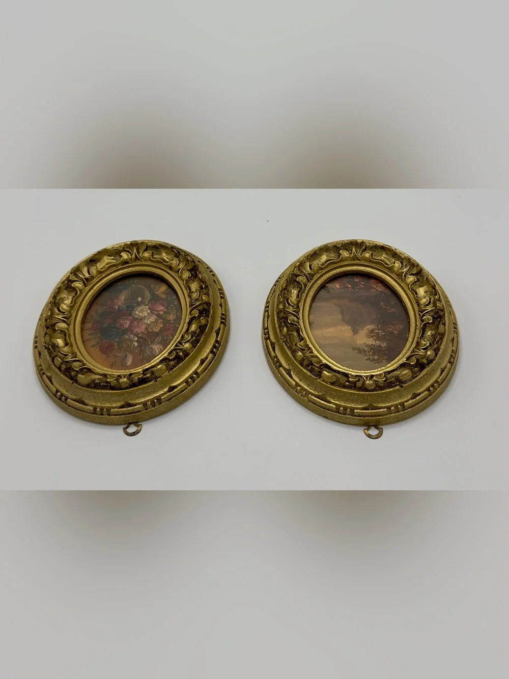 Vintage Pair Oval Gold Framed Wall Art Floral & Scenic Made in Italy